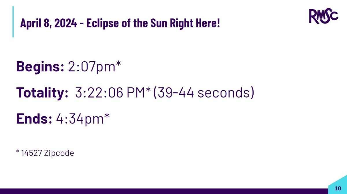 White slide with purple writing showing the eclipse details of April 8 2024 in the Finger Lakes region