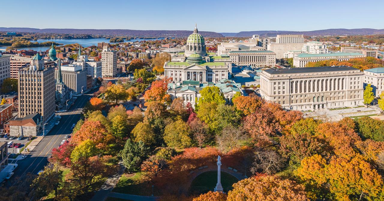 Harrisburg, Pennsylvania Capitol aerial view in the fall
