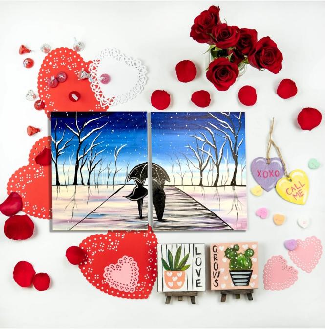 Muse Paint Bar painting kit for two- lovebirds walking in the rain.