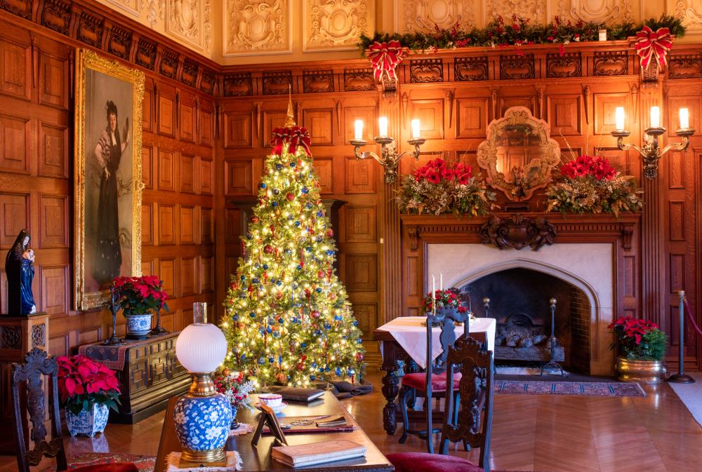 A sitting room decorated for Christmas at Biltmore in Asheville, NC