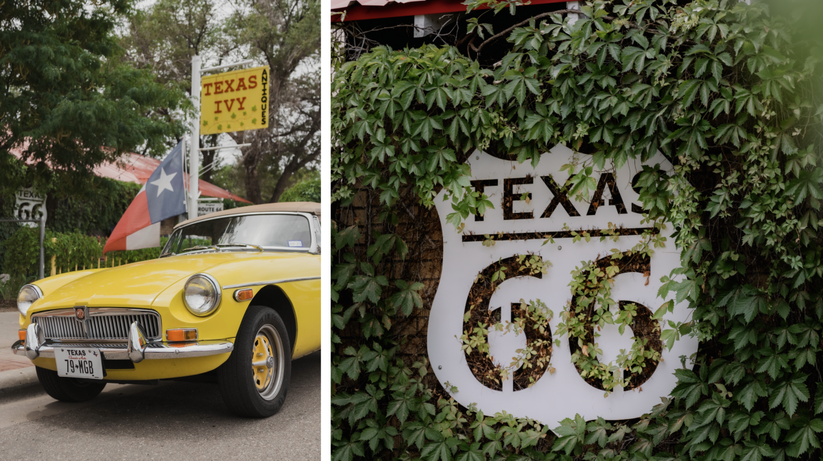 A vibrant scene from Texas Ivy, featuring a vintage yellow MG convertible parked in front of the antique shop with a Texas flag waving nearby. A bright yellow sign reading "Texas Ivy Antiques" stands above the car, while a Route 66 sign peeks through the greenery in the background. On the right, a close-up of a Texas Route 66 sign is partially covered by lush ivy, blending history and nature in a nostalgic roadside setting.