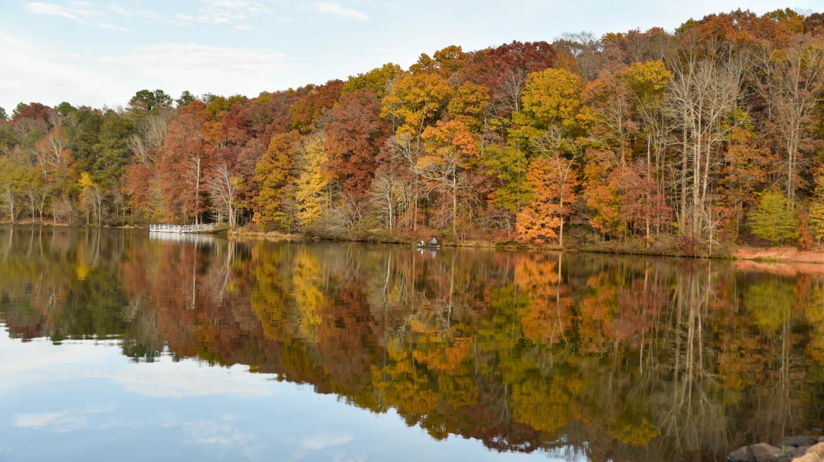 Lake Herrick reflecting the fall colors around it
