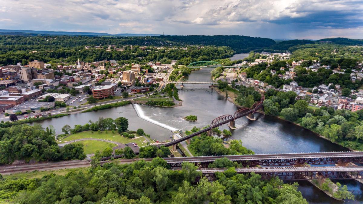 An aerial view of the City of Easton, PA and Phillipsburg, NJ at the convergence of the Lehigh & Delaware Rivers