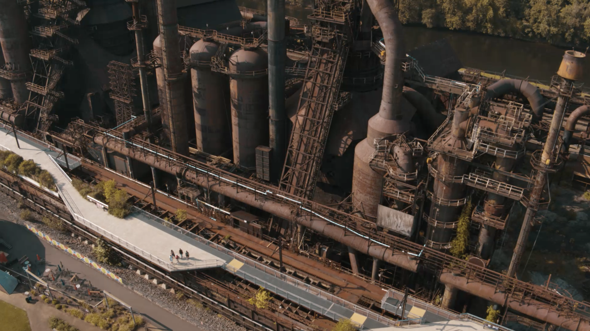 A view of a small group tour of the Hoover Mason Trestle at SteelStacks in Bethlehem, Pa.