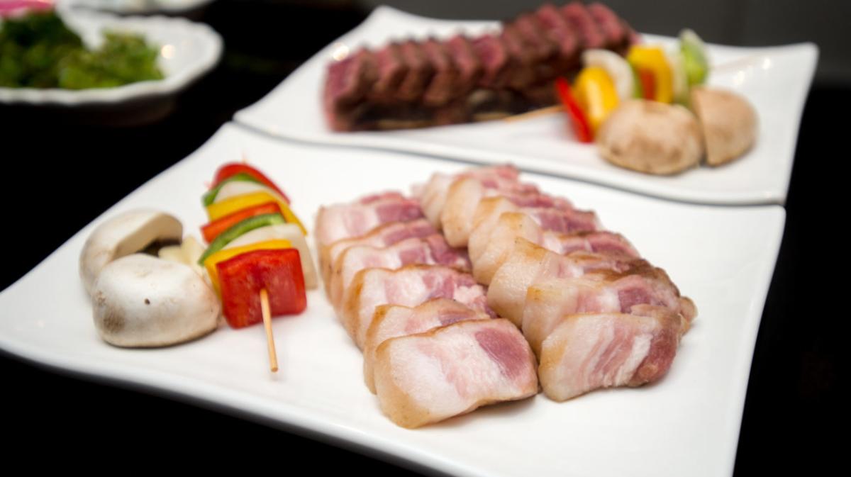 pork belly and vegetable kebabs