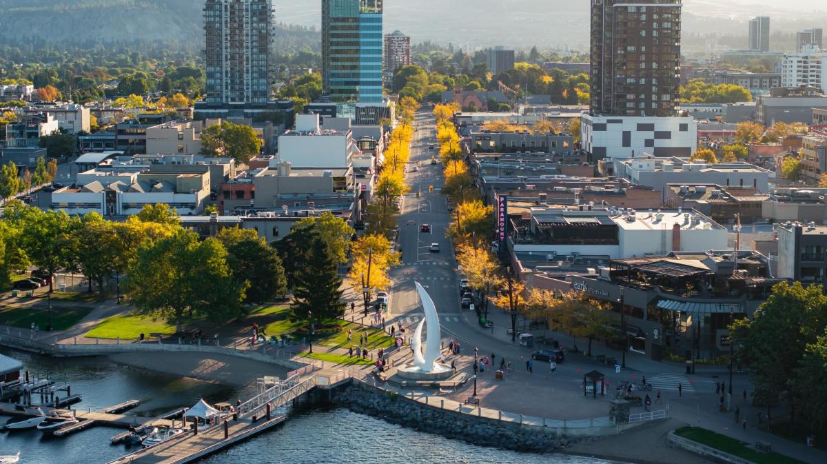 Bernard Avenue Downtown Kelowna during Fall Aerial 3