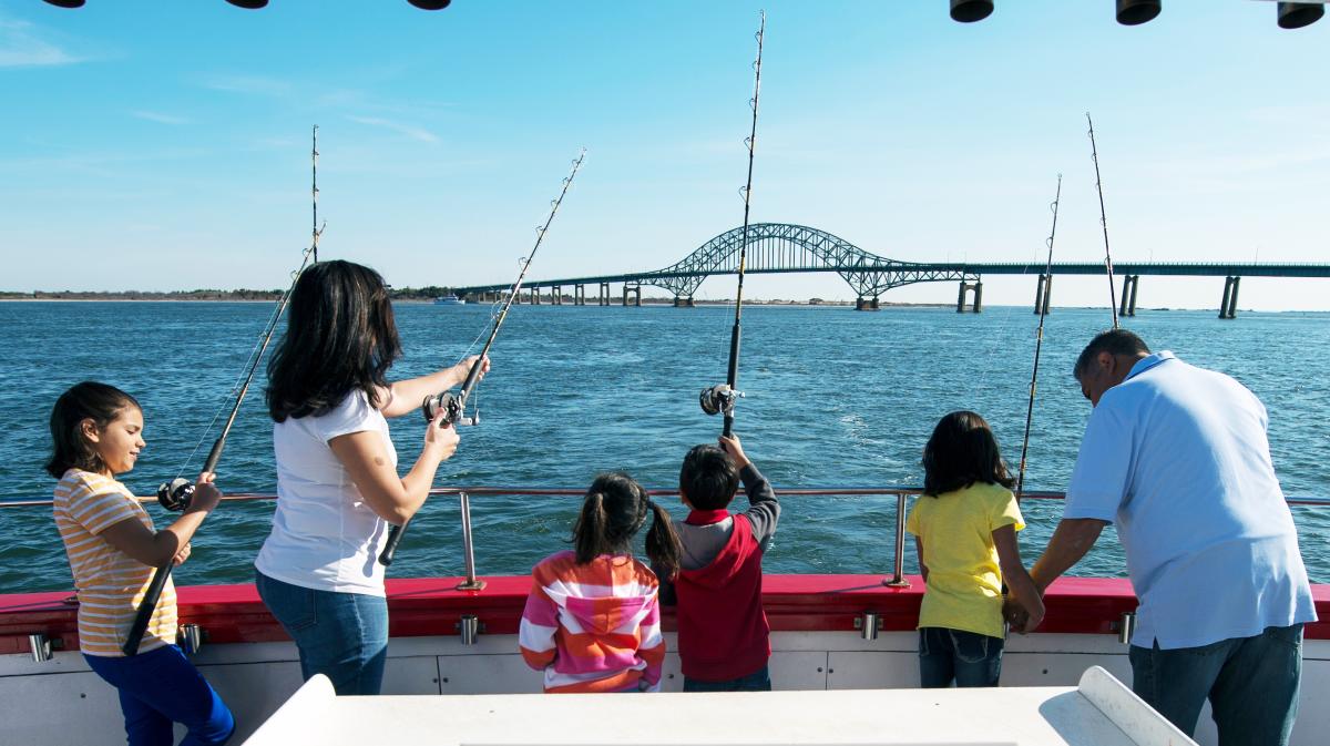 Family fishing on Charter Fishing Boat at Captree State Park