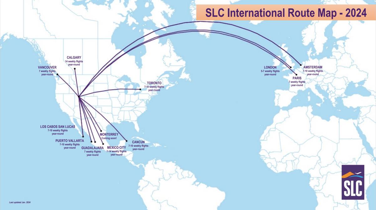 World map centered on the United States showing direct flights to Salt Lake from Canada, Mexico and Europe