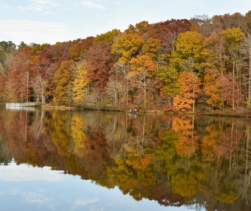 Lake Herrick reflecting the fall colors around it