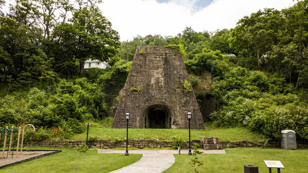 Aerial view of a giant stone iron furnace.