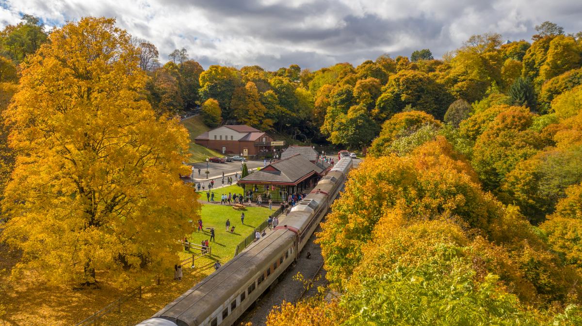 An aerial view of a train docked at a small depot station surrounded by trees full of yellow fall leaves.