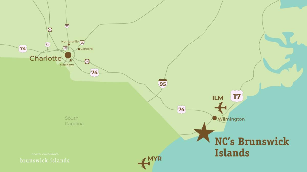 an illustrative map showing the major roadways from Charlotte, NC to NC's Brunswick Islands