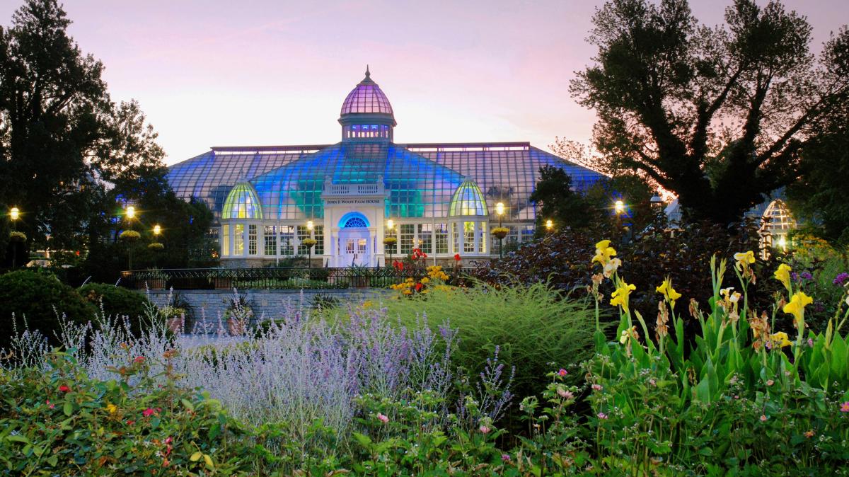 Franklin Park Conservatory at dusk in Columbus