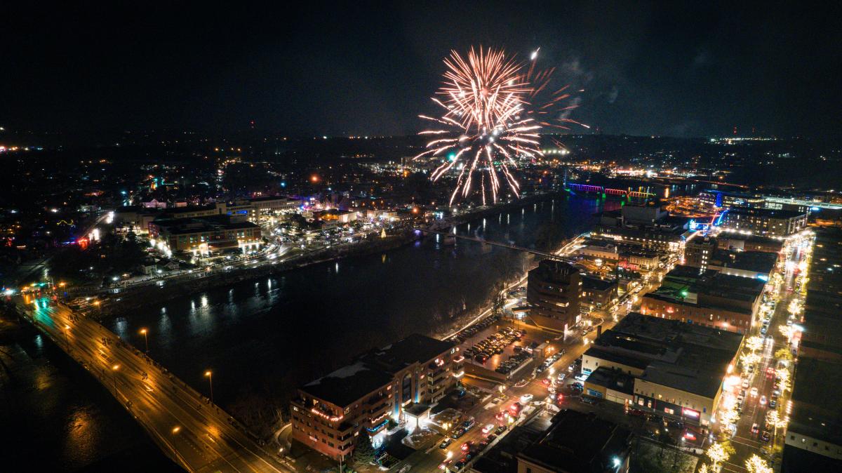 A drone shot of the Clearwater Winter Parade & Fireworks