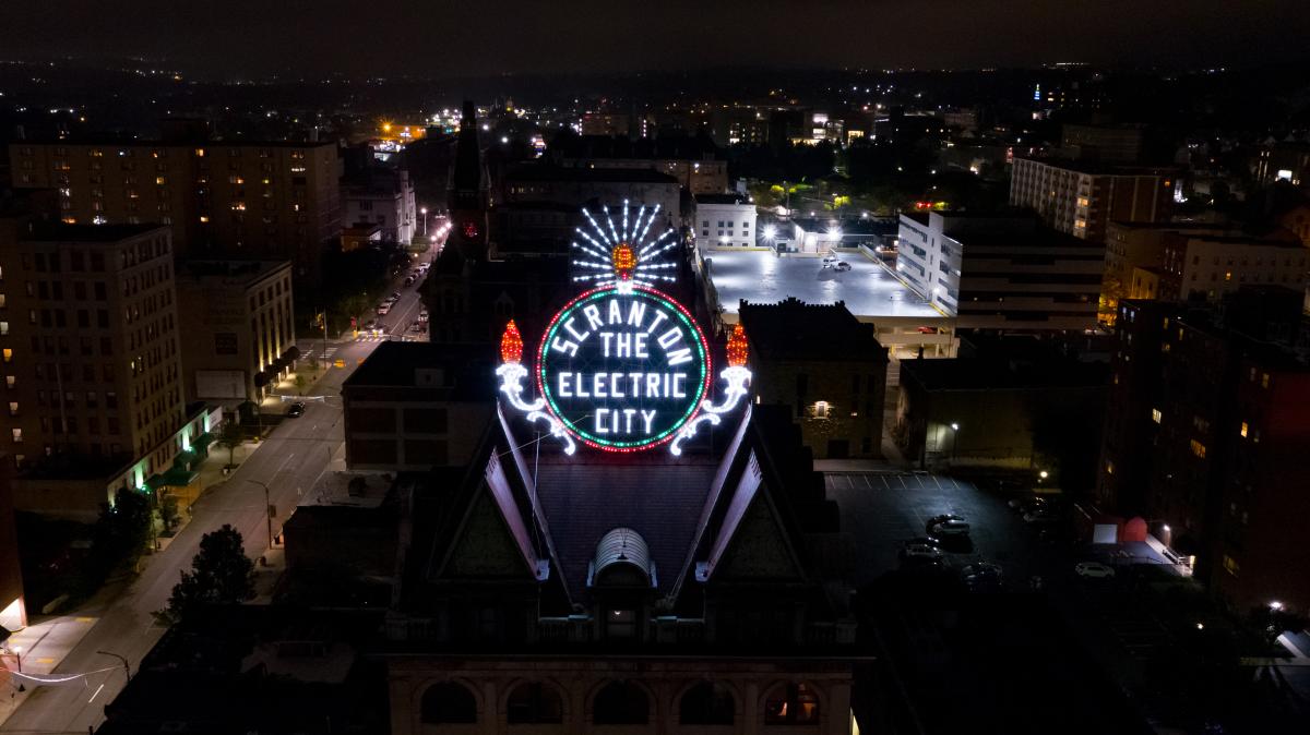 Electric City Sign at Lit Up at Night in Downtown Scranton, PA