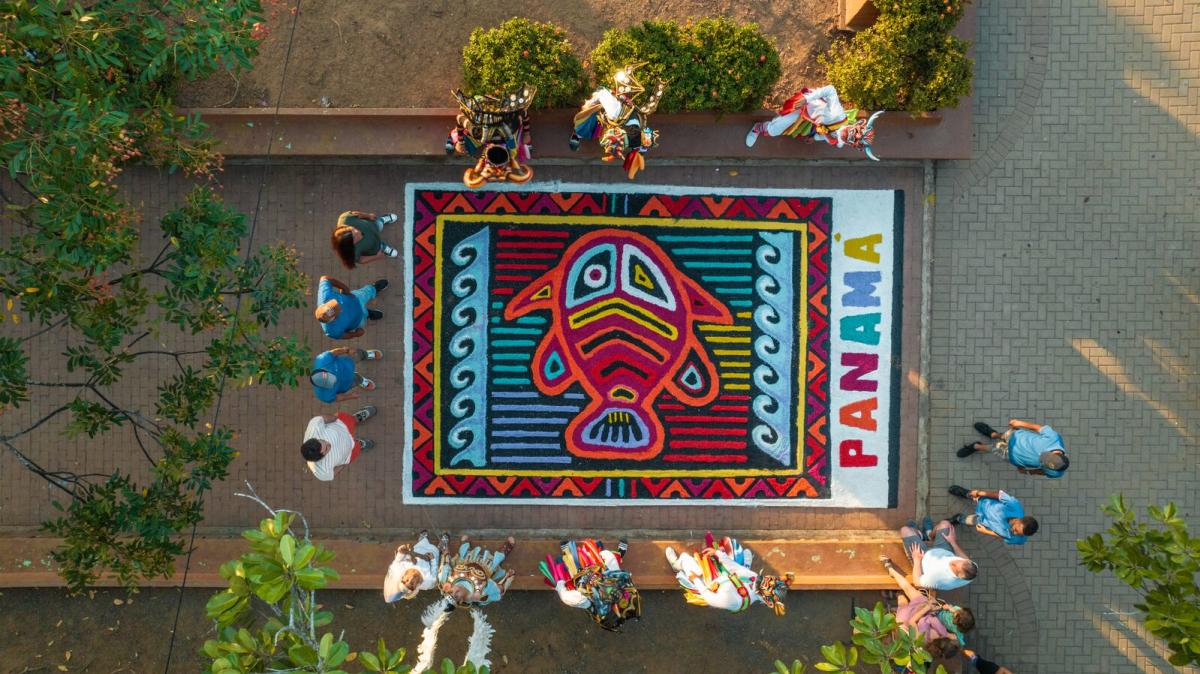 Aerial view of Corpus Christi carpet, made with colorful flowers and natural materials