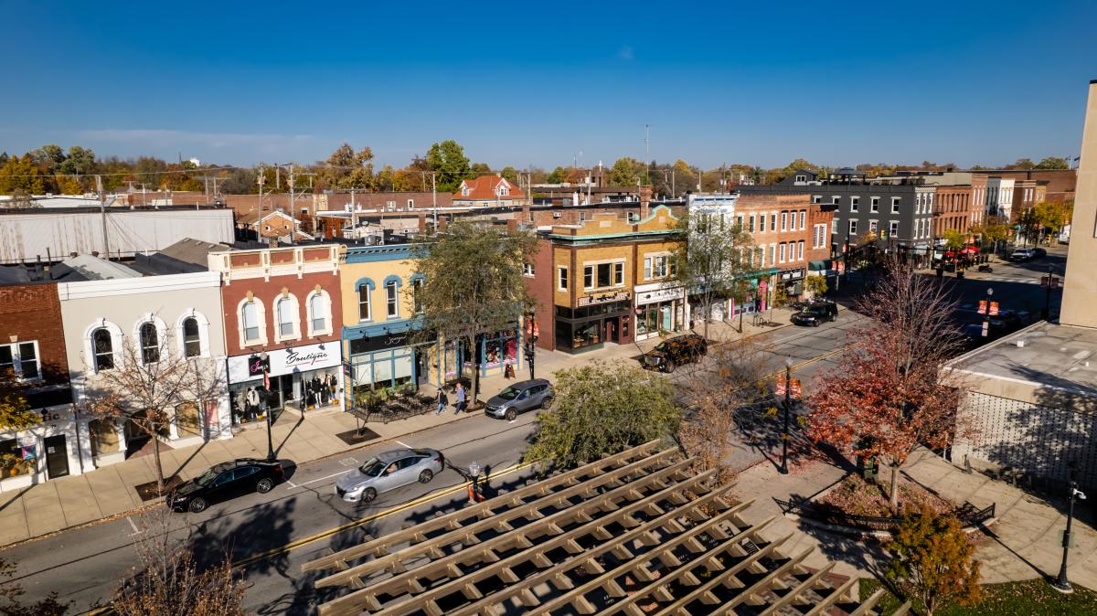 Aerial view of a street with storefronts