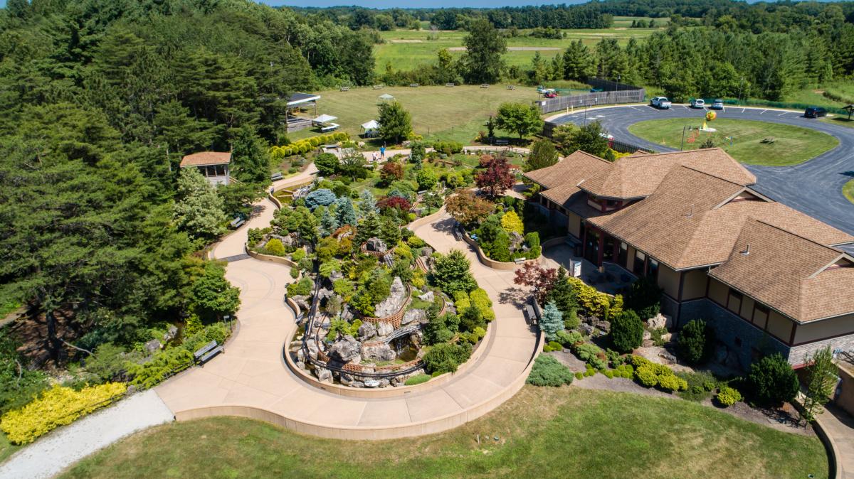 Aerial view of a park with a miniature train display