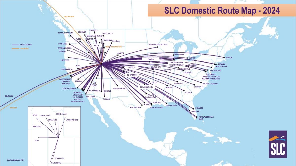 Map of the United States showing direct flights into Salt Lake City International for 2024