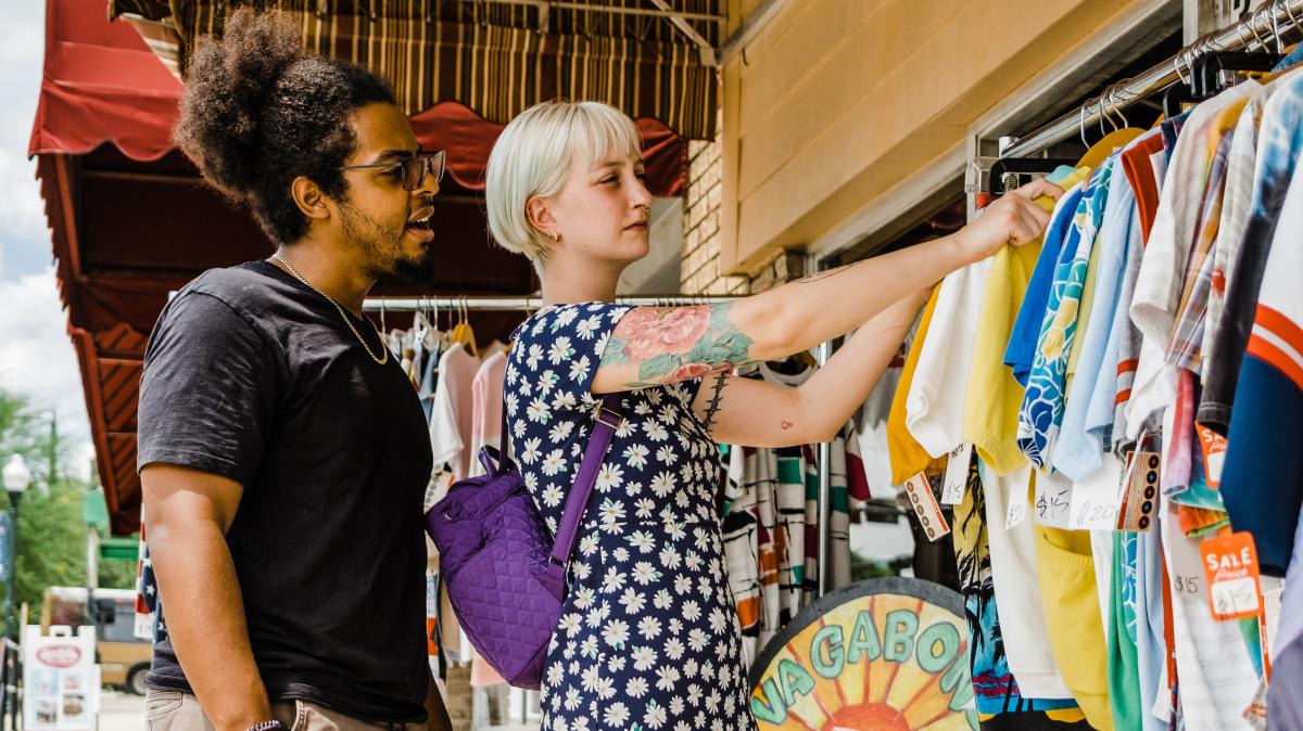 Young couple shopping downtown