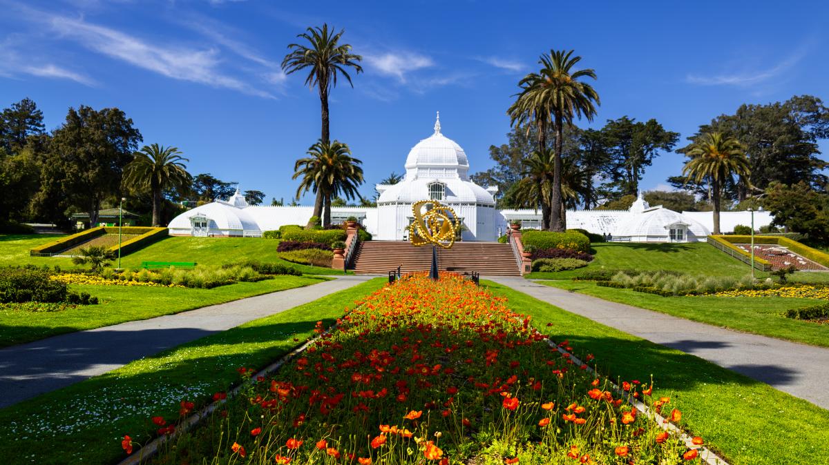 Flowers line the front entry to the San Francisco Botanical Gardens
