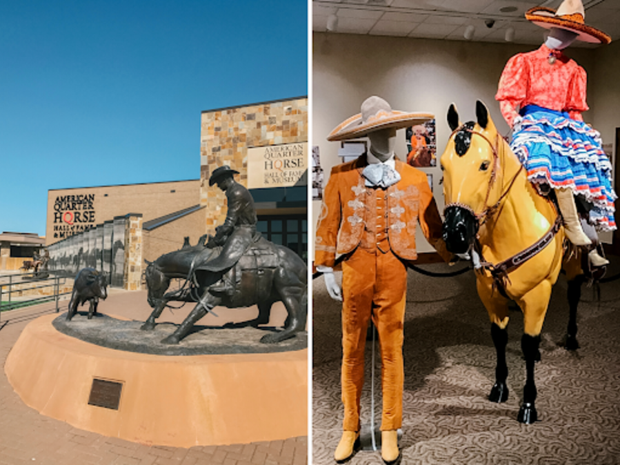 collage of photos of the American Quarter horse museum. exterior photo on the left and interior photo of western wear exhibit on the right