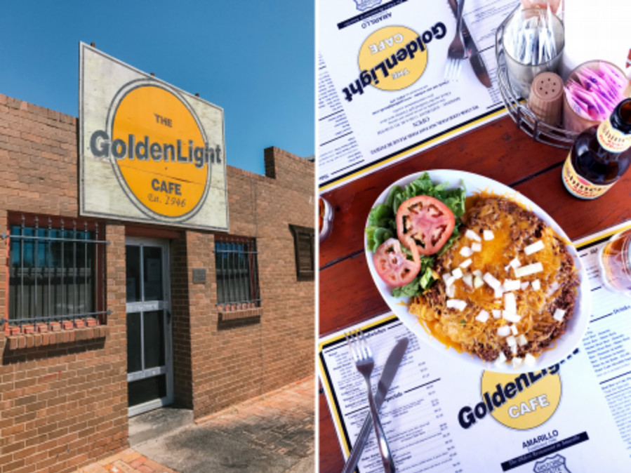 Collage of the exterior of the GoldenLight Cafe and a frito pie plate called the flagstaff pie