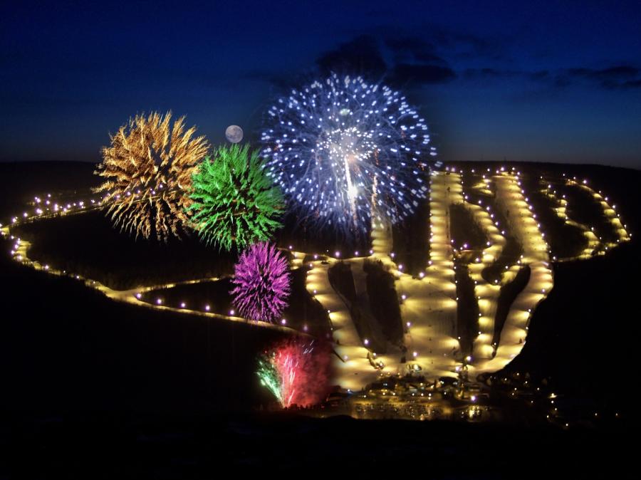 Fireworks at Bristol Mountain Winter Resort at night