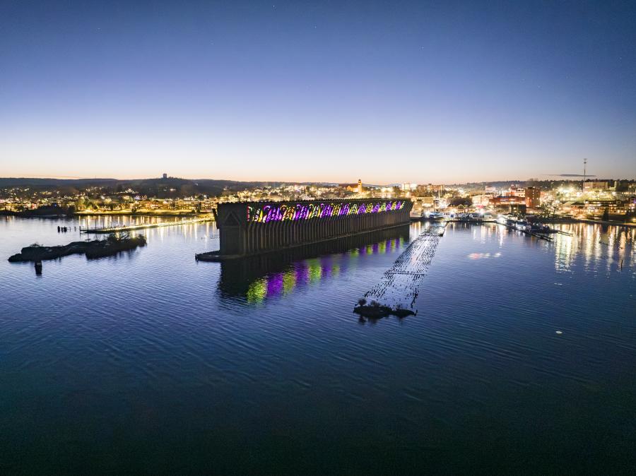 Laser light display for the holidays projected on the north side of the Lower Harbor Ore Dock in Marquette