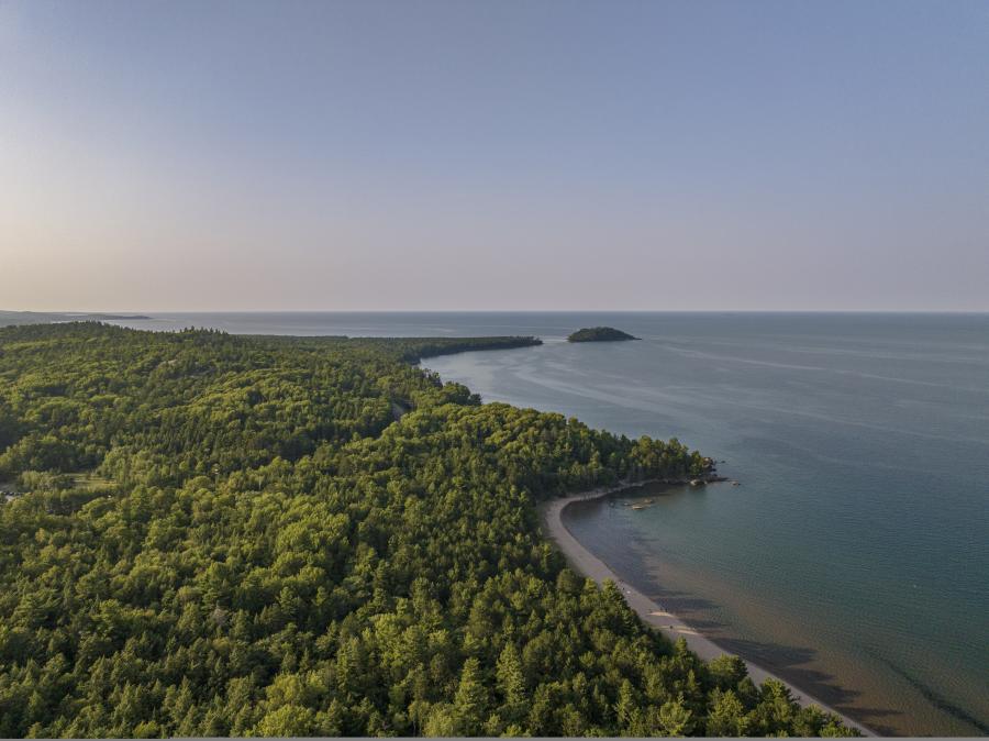 An aerial photo over Lake Superior and Little Presque Isle