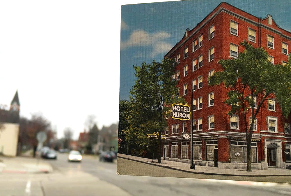 Former Huron Hotel postcard over the present day Ypsi Alehouse