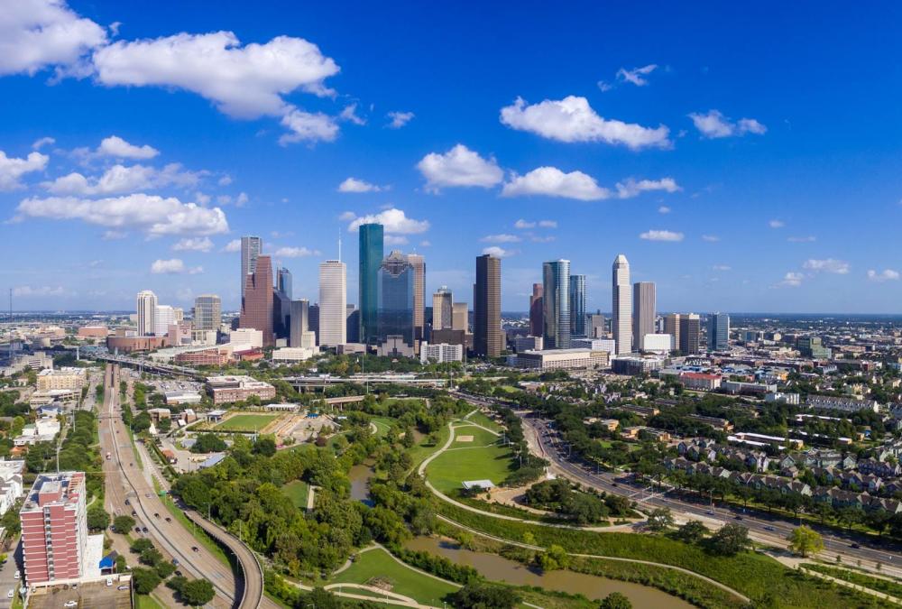 Aerial view of Eleanor Tinsley Park with the Houston Skyline