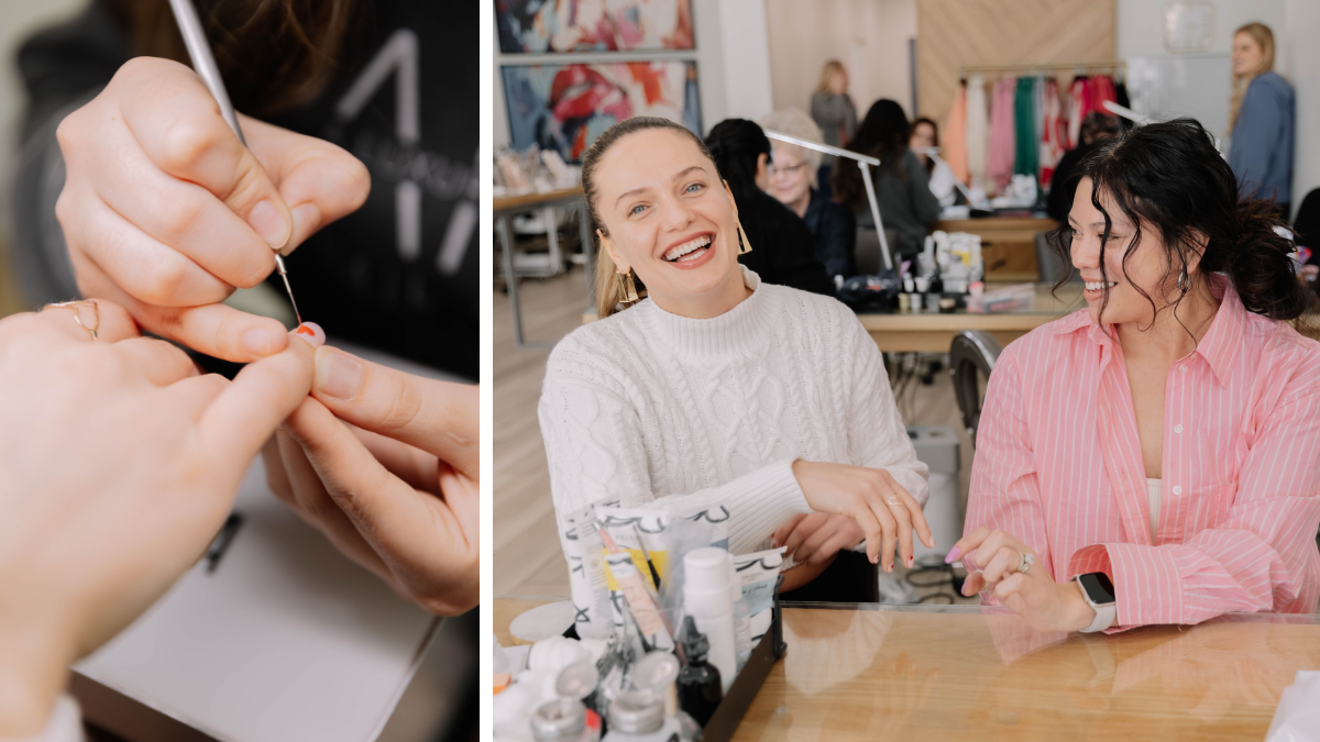 Two women smiling at a nail salon