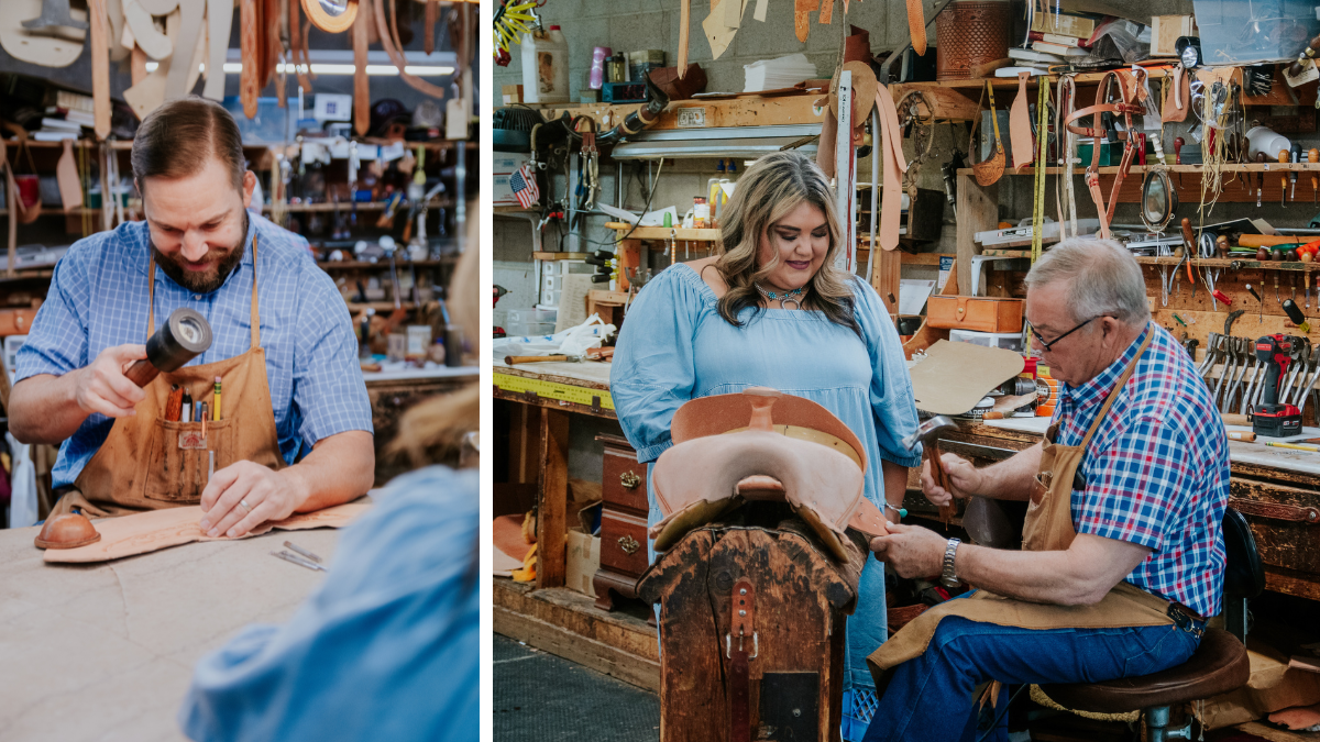 Woman watching leather workers at Oliver's Saddle shop make a custom Saddle