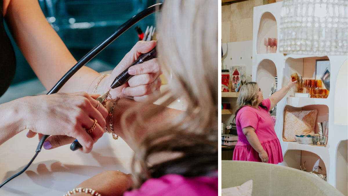 Woman getting a welded gold-filled bracelet by Hollow Dot Designs and shopping in From 6th collective