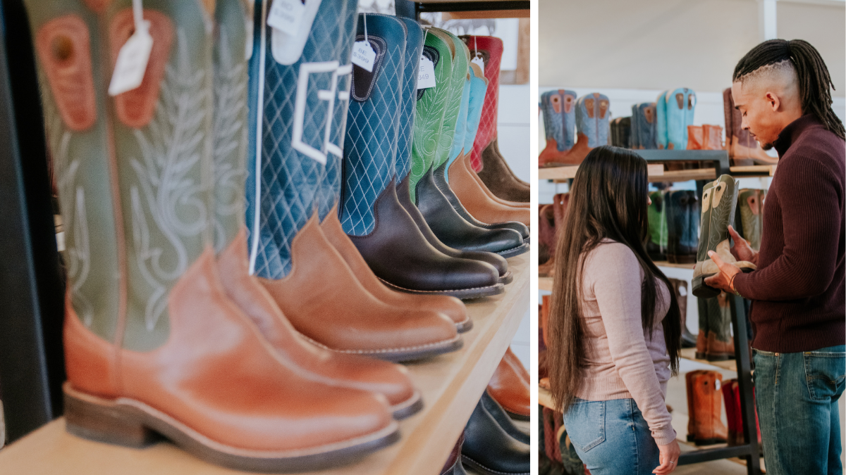 Couple looking at handmade cowboy boots at Beck Boots