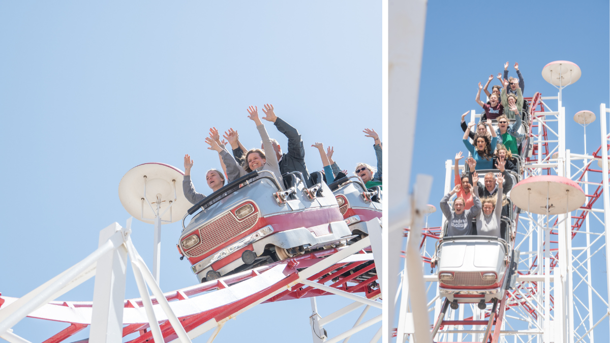 Group of people riding the mousetrap rollercoaster at Wonderland Amusement Park in Amarillo, Texas