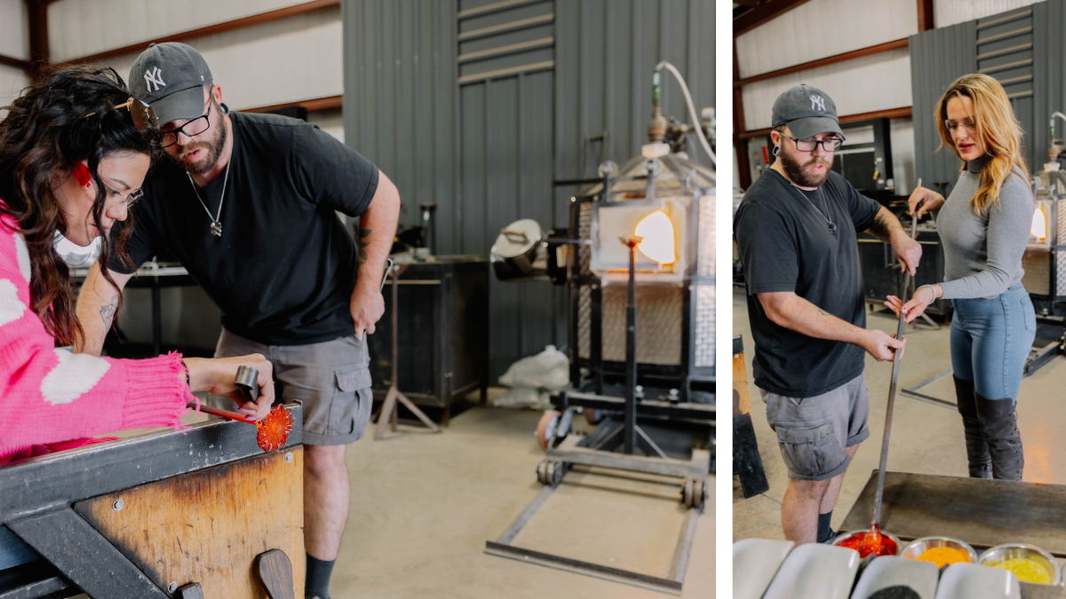 Woman glass blowing with instructor