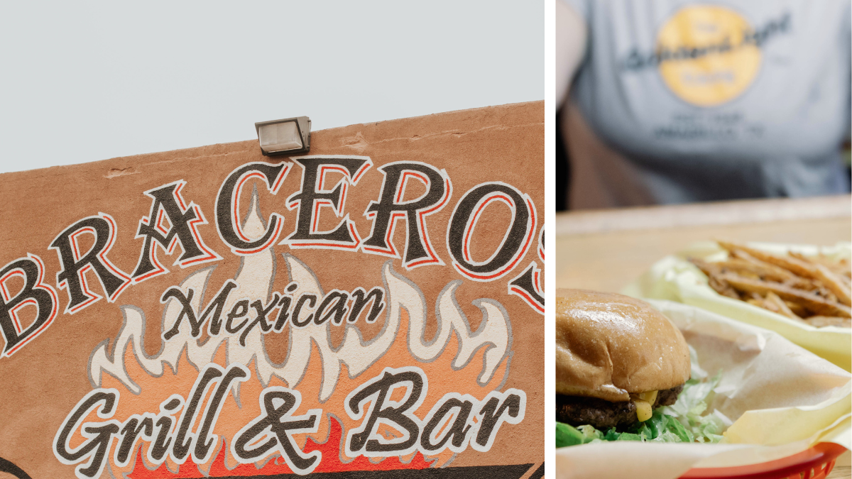 front of building with painted sign that reads "braceros" and a burger from GoldenLight Cafe