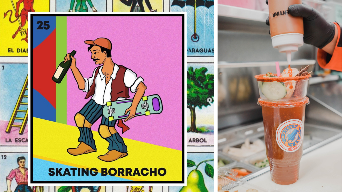 Graphic image of Mexican loterria cards with special design by ugly chulo and photo of michelada with toppings and valentina sauce