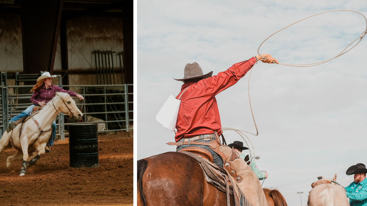 Woman barrel racing with a horse and a man roping on a horse