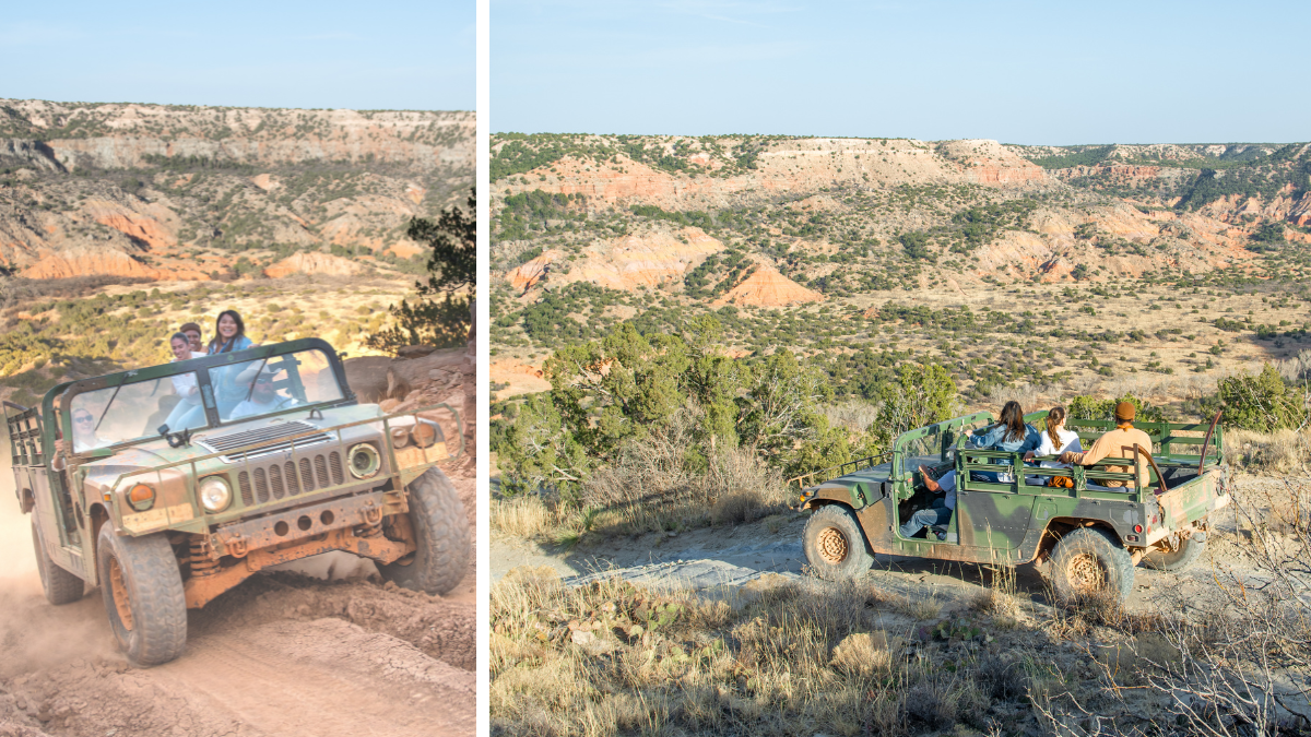 Group of friends riding in a humvee through Palo Duro Canyon