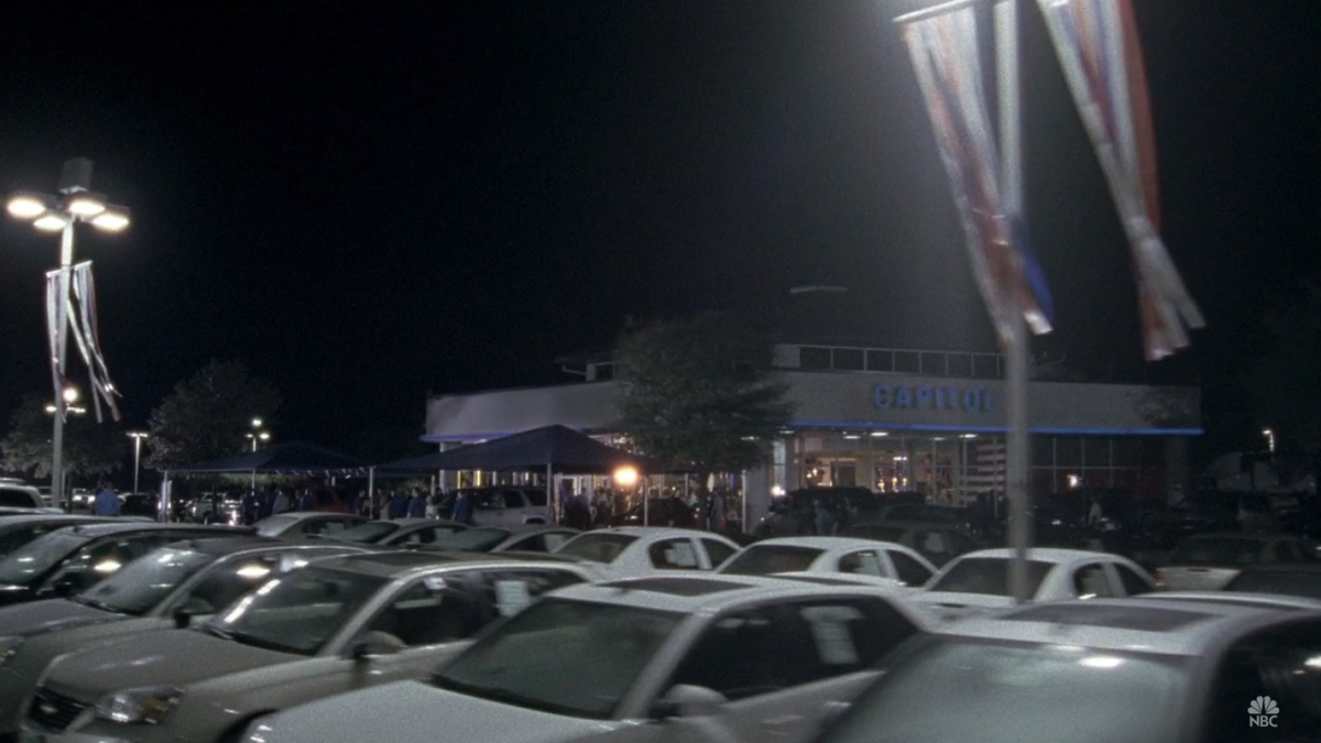 Car lot at Capitol Chevrolet as Garrity Motors in a screengrab from Friday Night Lights