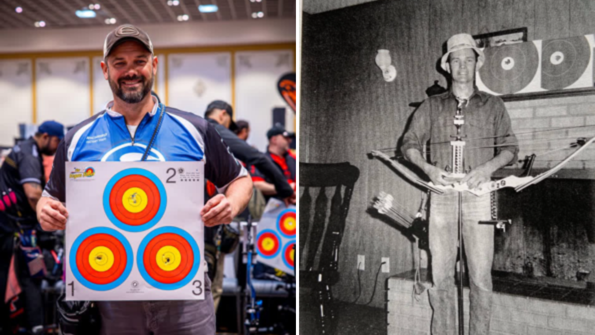 Side-by-side comparison of two archers from different generations. On the left, Richard Bowen smiles while holding a tournament target face with tightly grouped arrows at an indoor archery event. On the right, a black-and-white photograph shows a family friend standing with a recurve bow and trophy in front of indoor targets, highlighting a shared family connection to the sport of archery across generations.