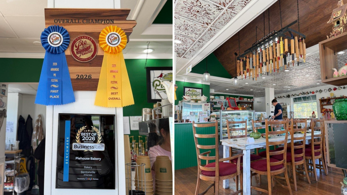 L: An Arkansas-shaped wooden plaque at Piehouse Bakery reads “Overall Champion, 2026,” with blue first-place and yellow best-overall ribbons from the Arkansas Pie Festival. Below hangs a framed “Best of 2026” award for the Bentonville bakery.R: Inside the bakery, dozens of rolling pins hang from a ceiling rack above a long white table surrounded by wooden chairs with burgundy cushions. Green counters, glass pastry cases, vintage dishes, and an ornate patterned ceiling fill the bright space.