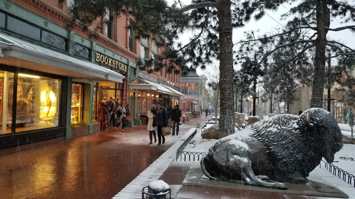 Winter in Front of Boulder Book Store with Buffalo Sculpture