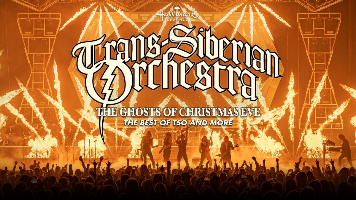 Poster of a crowd in front of a stage with fire shooting in all directions with the words Trans-Siberian Orchestra the Ghosts of Christmas Eve, The Best of TSO and More.