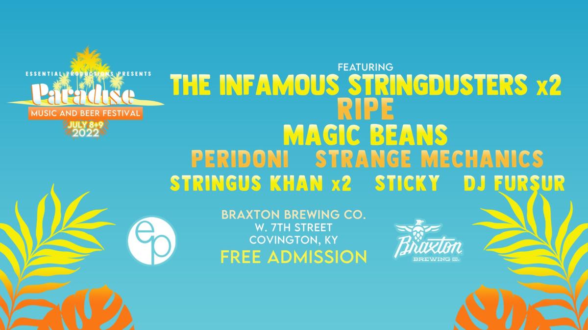 A blue sign with yellow lettering that says Paradise Music and Beer Festival July 8-9 at Braxton Brewery in Covington, Ky