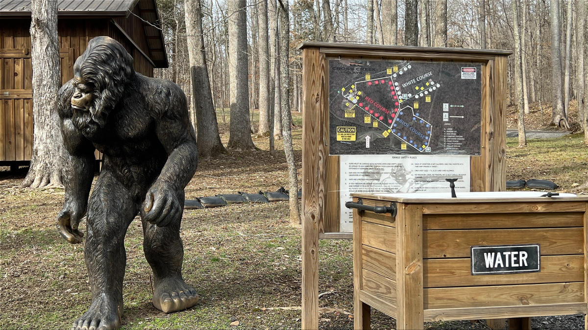 carving of "Big Foot" on a shooting course