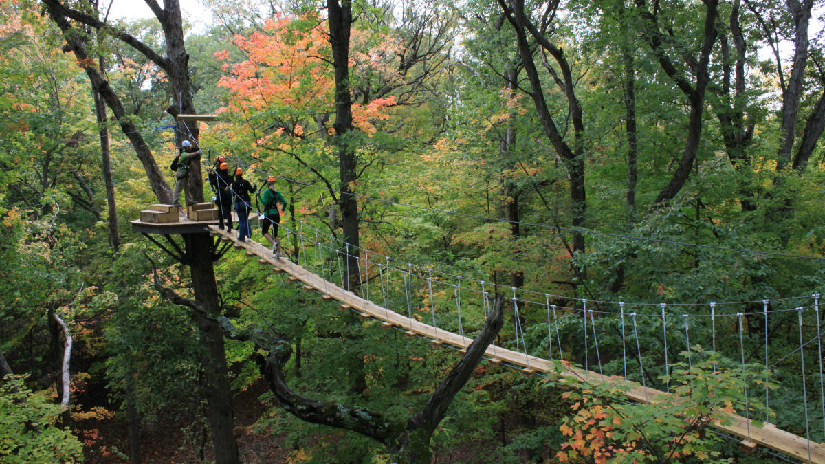 Photo of group zip lining during the fall at Zip Zone in Columbus.